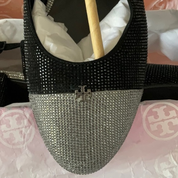 Tory Burch Black and Silver Block Heel Slingbacks - Picture 7 of 8